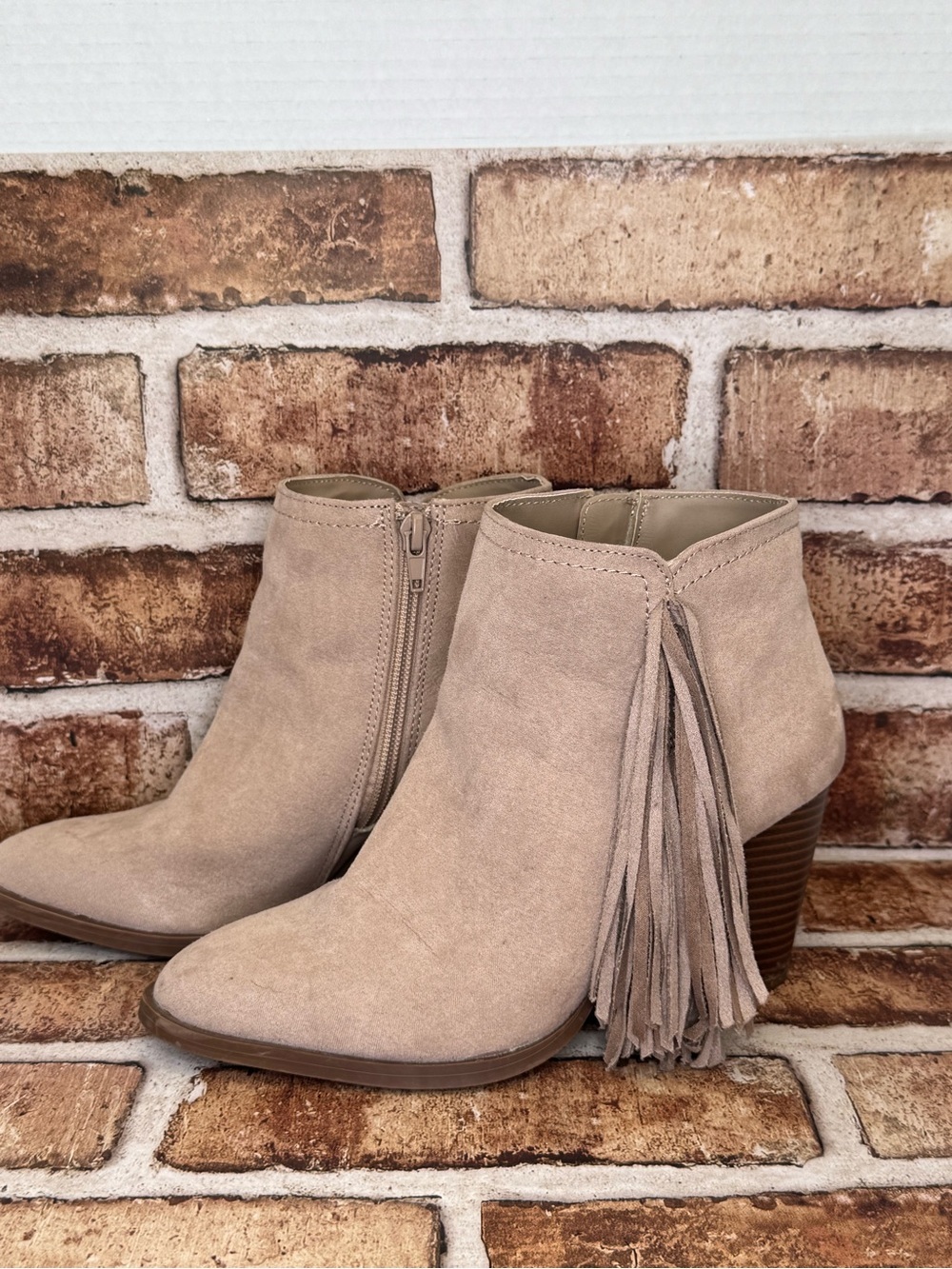 Qupid Tiber Faux Suede Fringe Ankle Booties - Blush